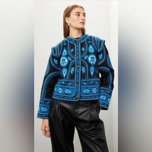 Sea New York Gael Quilted Bomber Jacket Embroidered Oversized Shades of Blue Med